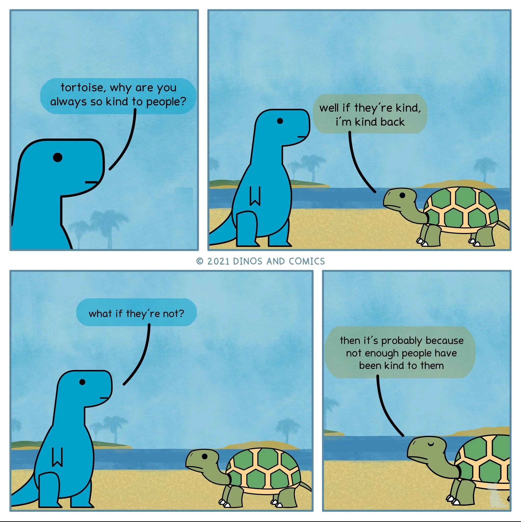 Source image for Blue Dinosaur Asks Tortoise About Kindness on Sandy Beach