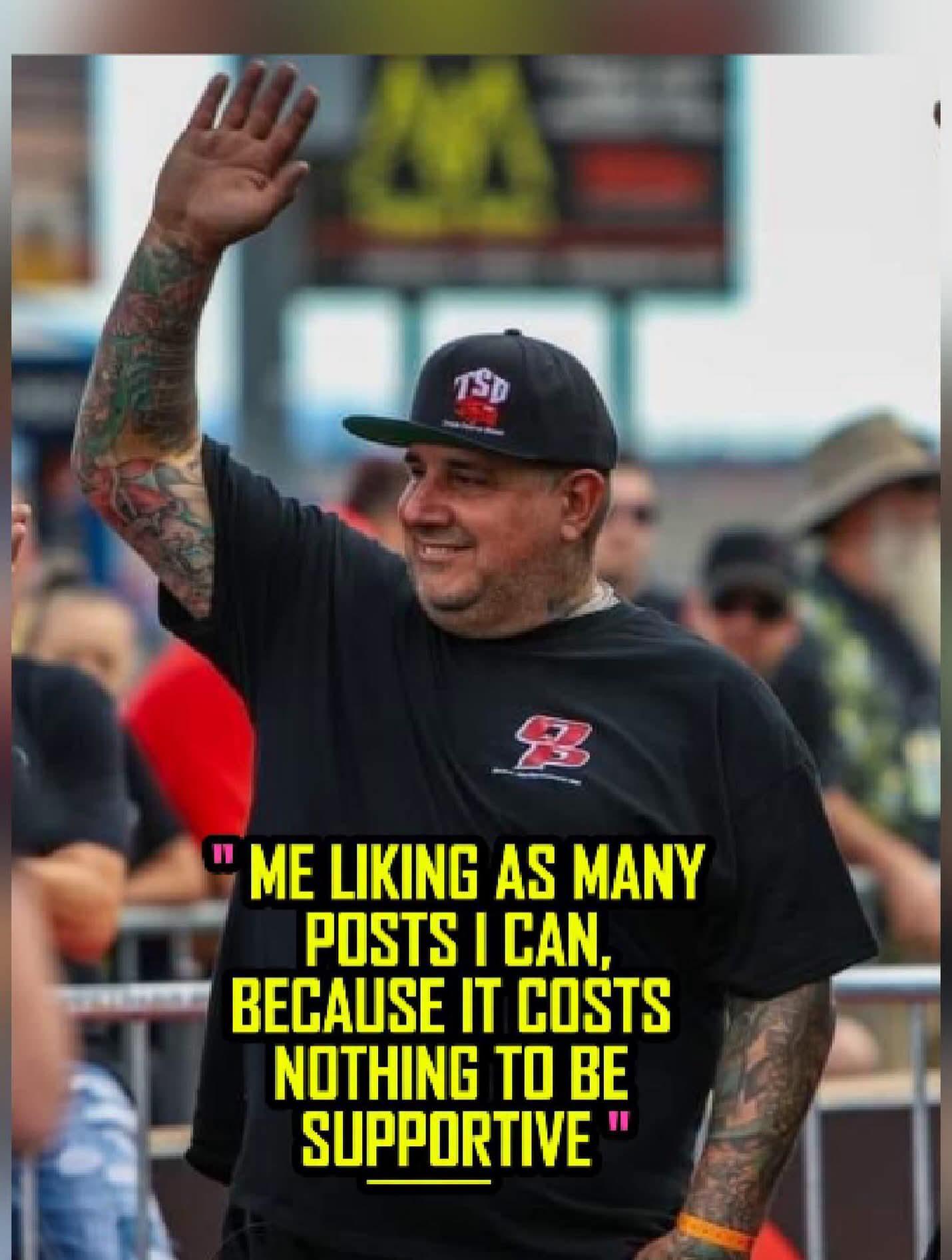 Source image for Tattooed Man Waving to Crowd With Supportive Quote Overlay